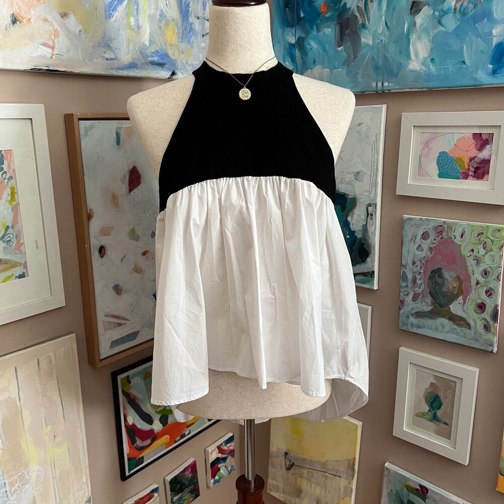 English Factory Black White Halter Neck Colorblock Hi Low Top Size L‎
